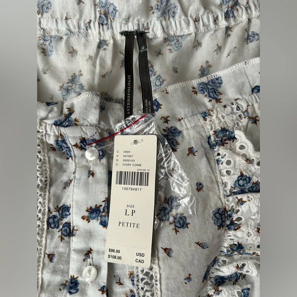 NWT By Anthropologie Puff-Sleeve Eyelet Top size LP Ivory Blue Floral Print Boho